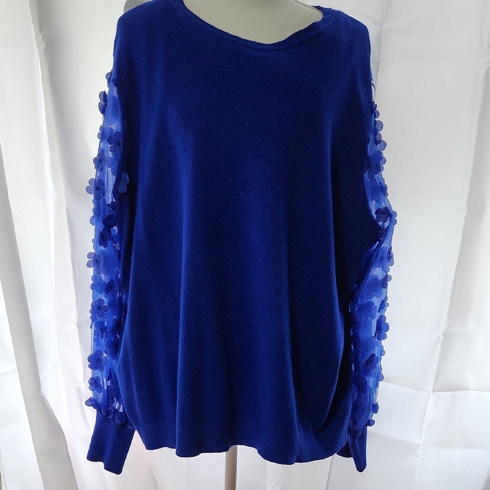 Blue Sweater with Floral Sleeve Accents
